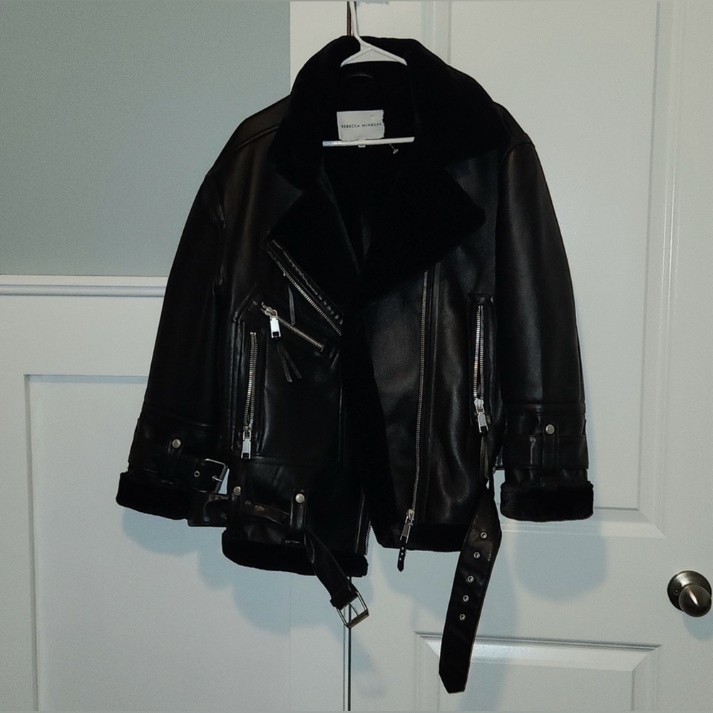 REBECCA MINKOFF Black Faux Leather Oversized Shearling Moto Jacket NWT